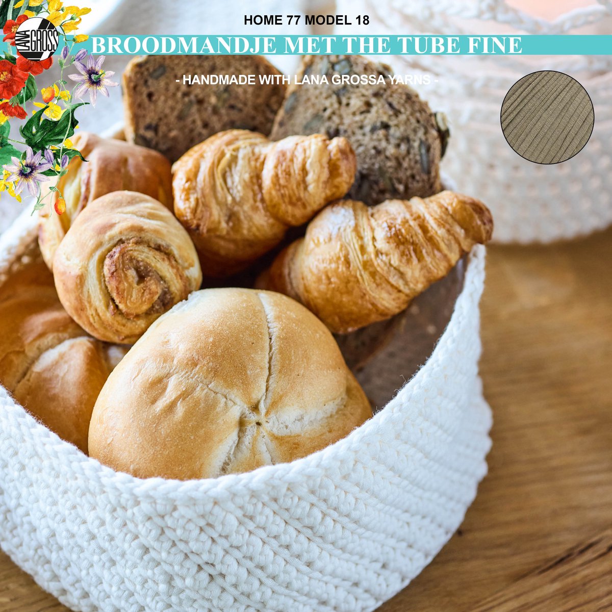 Haakpakket broodmandje met The Tube Fine garen model 18 van Home 77-khaki