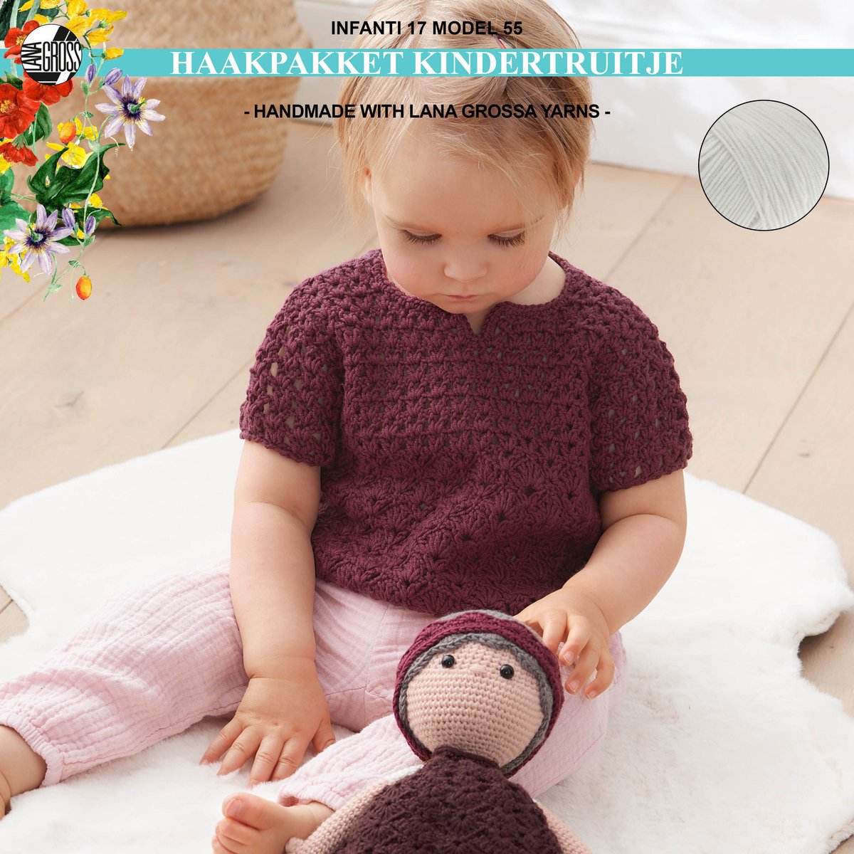Haakpakket kindertruitje met Cool Wool model 55 van Infanti 17- mt. 104/110- wit
