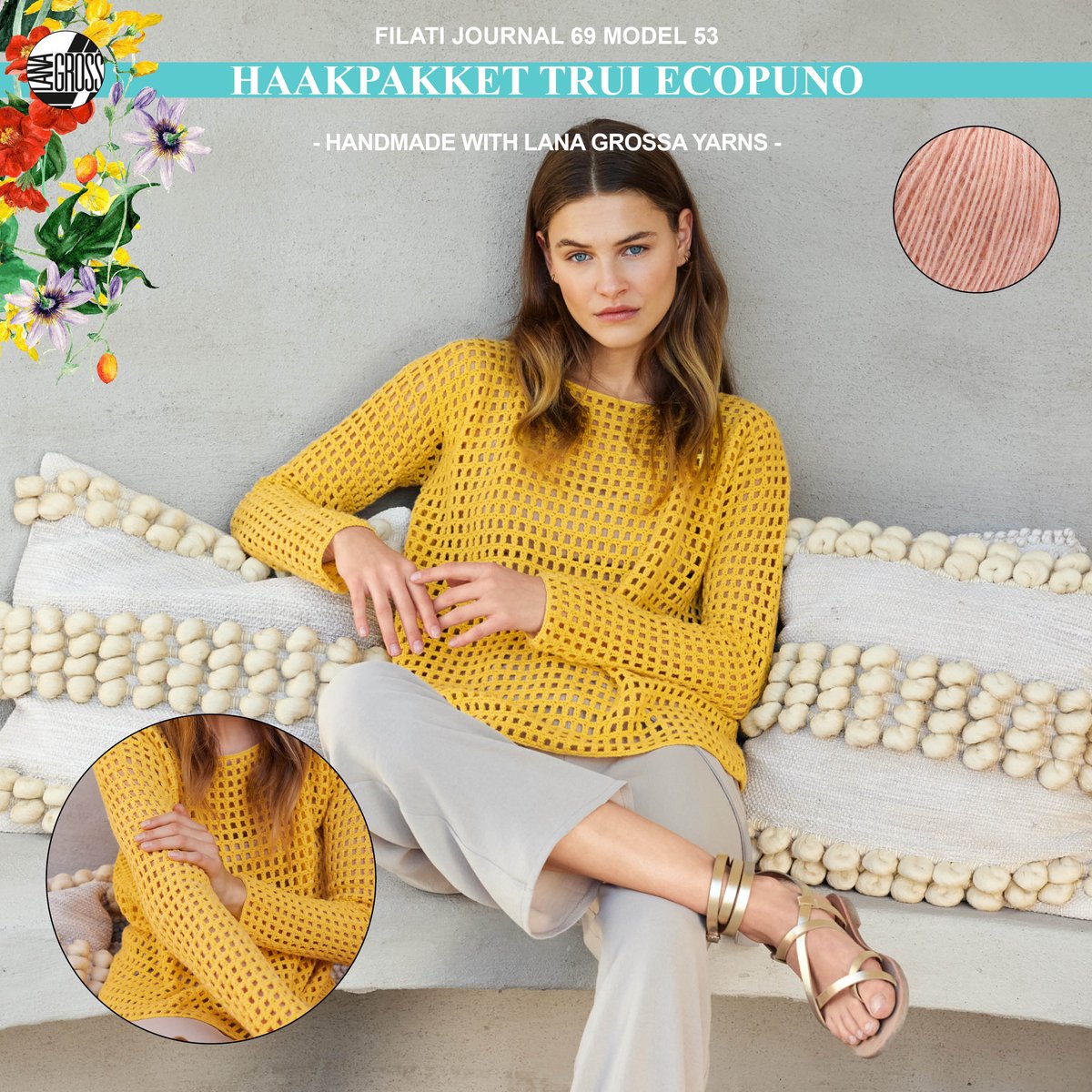 Haakpakket trui met Ecopuno garen model 53 Lana Grossa Filati Journal 69-mt 44/46- perzik 007