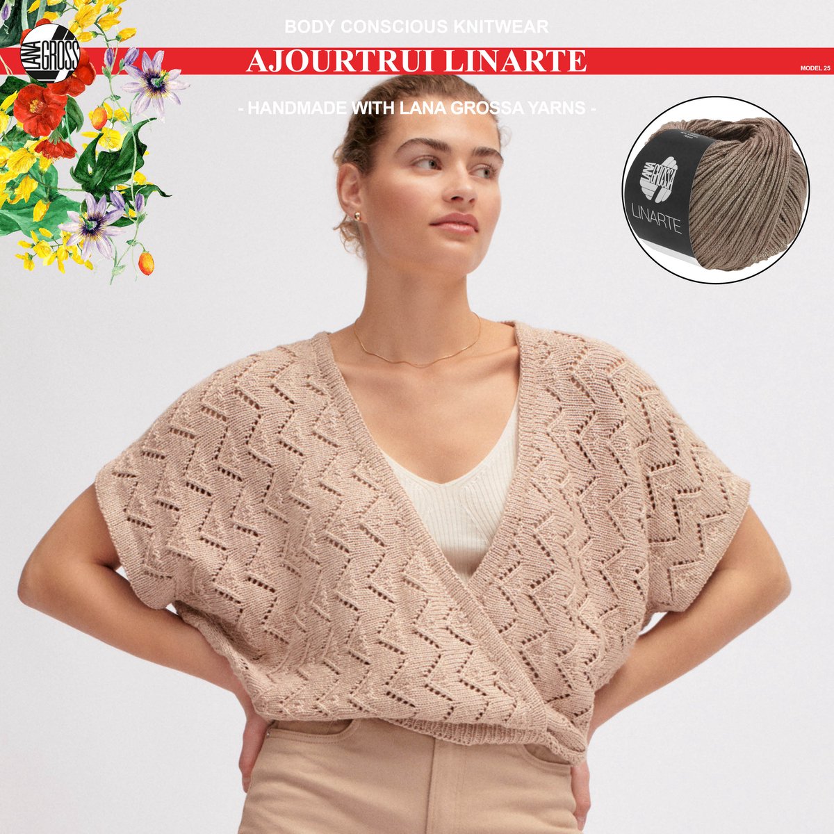 More by Mooj Breipakket ajourtrui met Linarte-garen model 25 van Lana Grossa Classici nr. 24-maat 36/38-kleur nougat