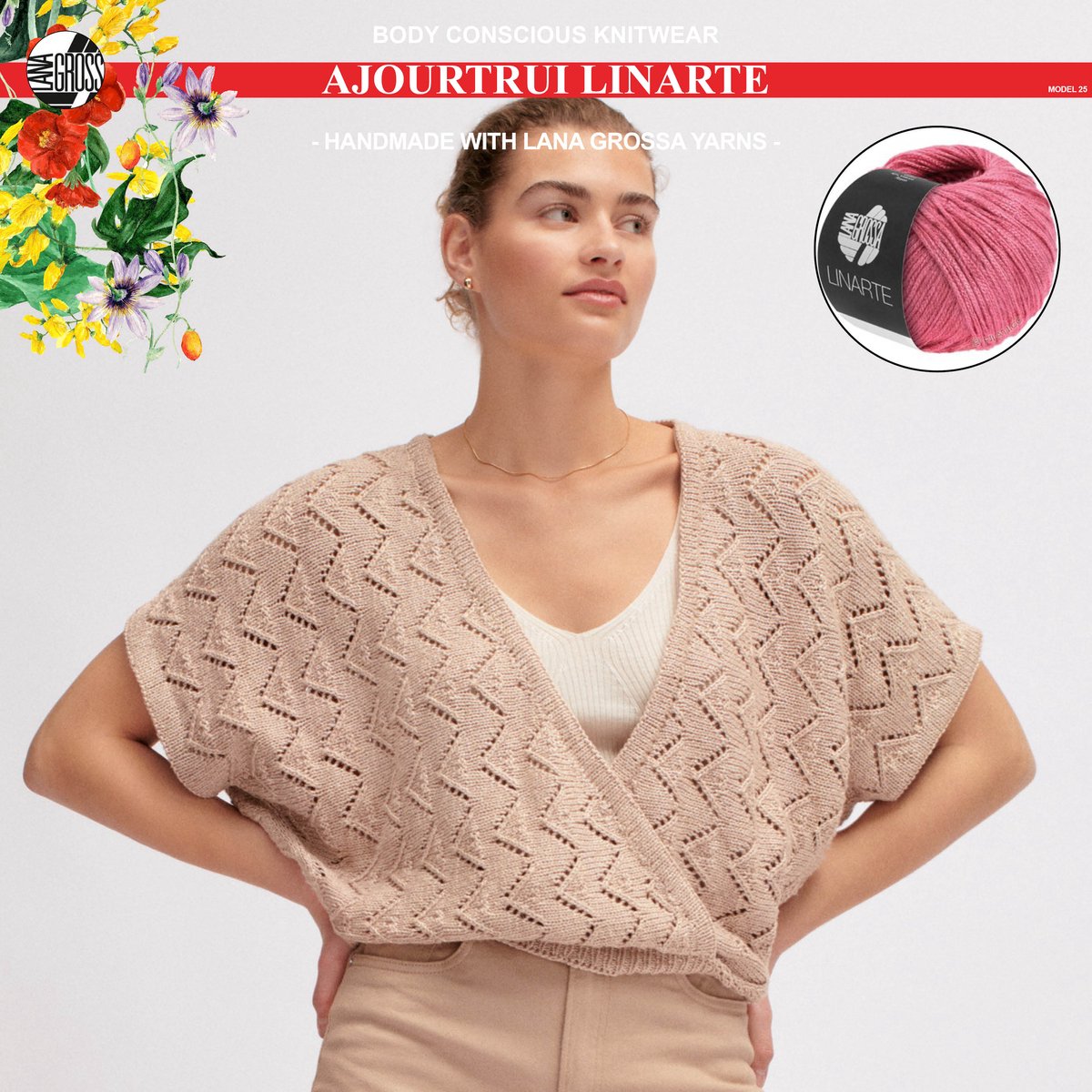 More by Mooj Breipakket ajourtrui met Linarte-garen model 25 van Lana Grossa Classici nr. 24-maat 40/42 -kleur azalea