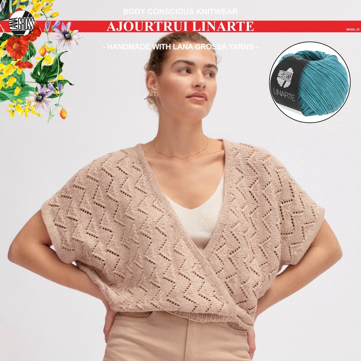 More by Mooj Breipakket ajourtrui met Linarte-garen model 25 van Lana Grossa Classici nr. 24-maat 40/42-kleur petrol