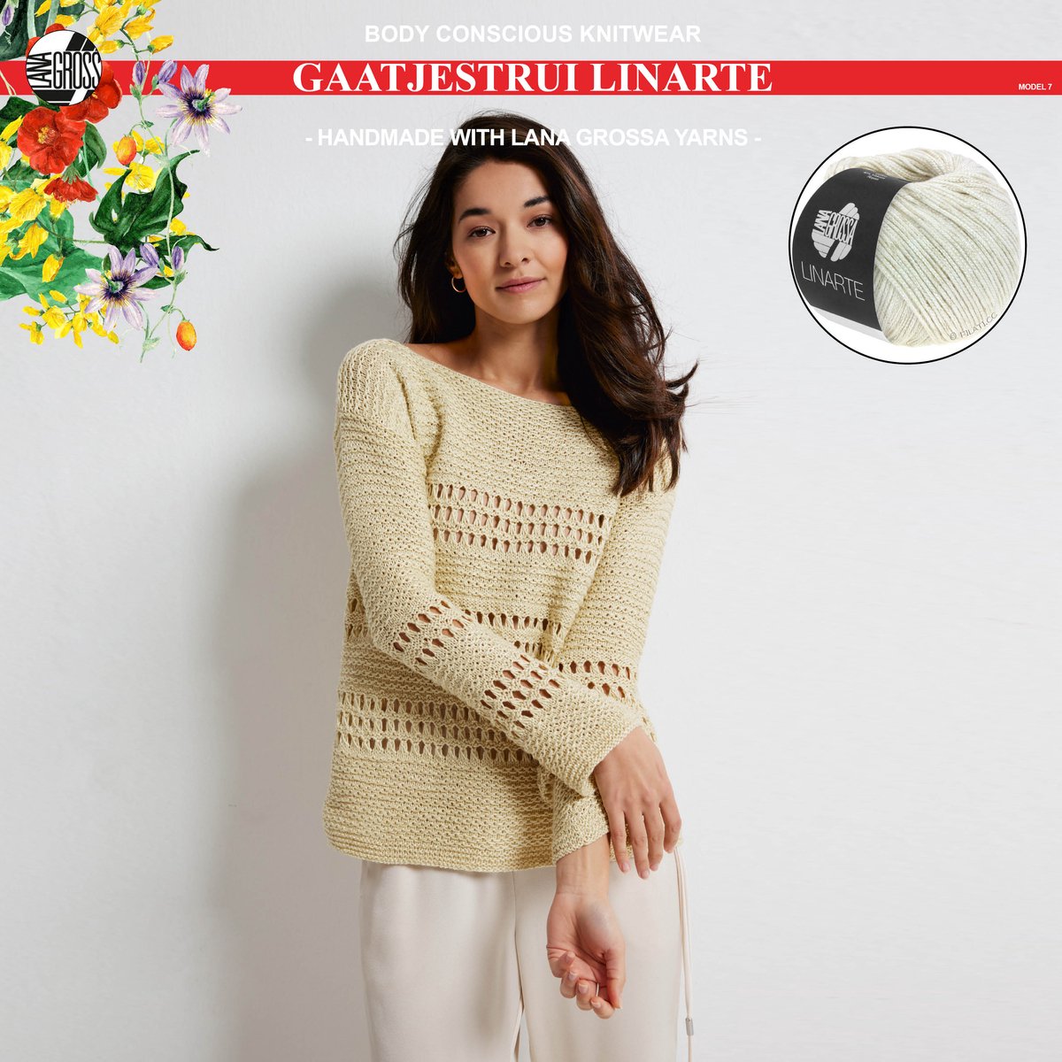 More by Mooj Breipakket gaatjestrui met Linarte-garen model 7 van Lana Grossa Classici nr. 24- maat 36/38-kleur wit