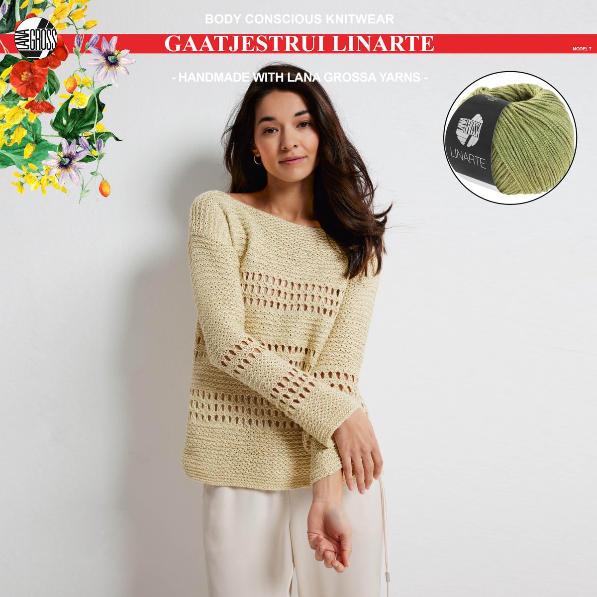 More by Mooj Breipakket gaatjestrui met Linarte-garen model 7 van Lana Grossa Classici nr. 24- maat 40-kleur olijf