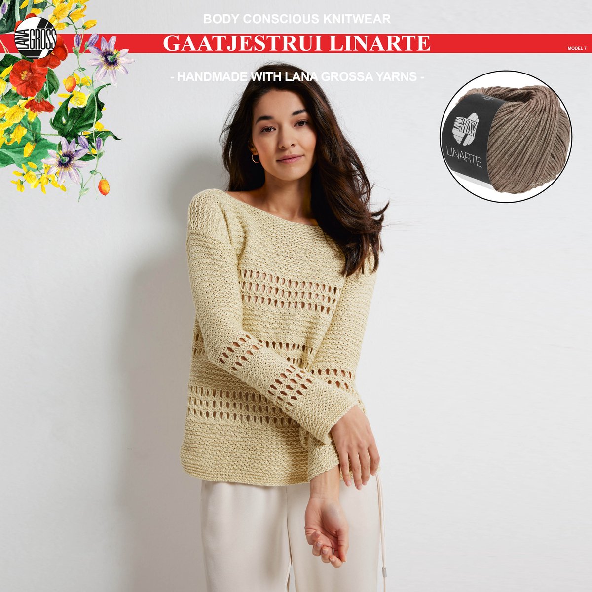 More by Mooj Breipakket gaatjestrui met Linarte-garen model 7 van Lana Grossa Classici nr. 24- maat 42/44-kleur nougat