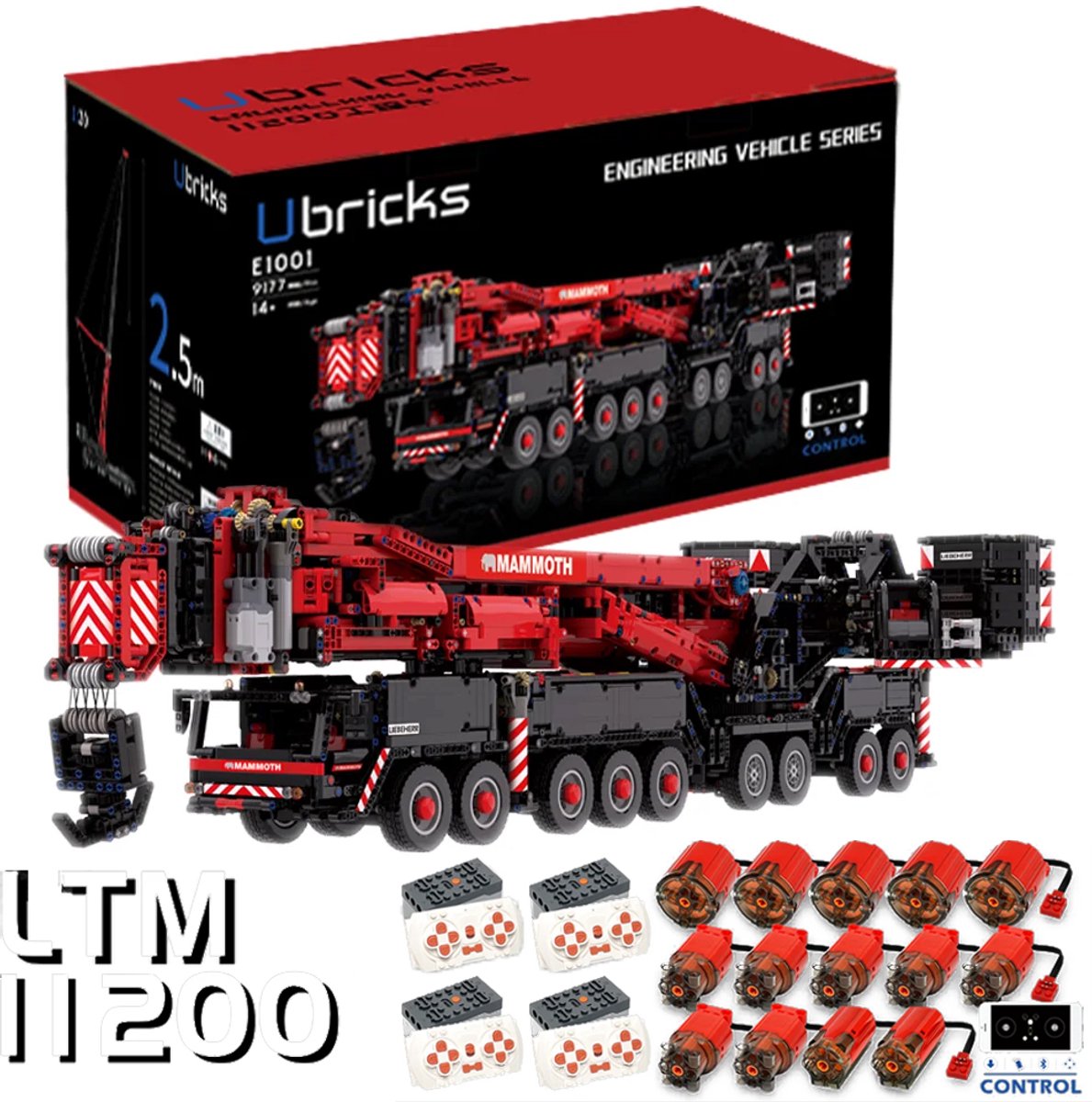 Mould King-Ubricks - E1001 -2,5m Liebherr Ltm11200 Mobiele Kraan Model Afstandsbediening Moc 9177 PCS
