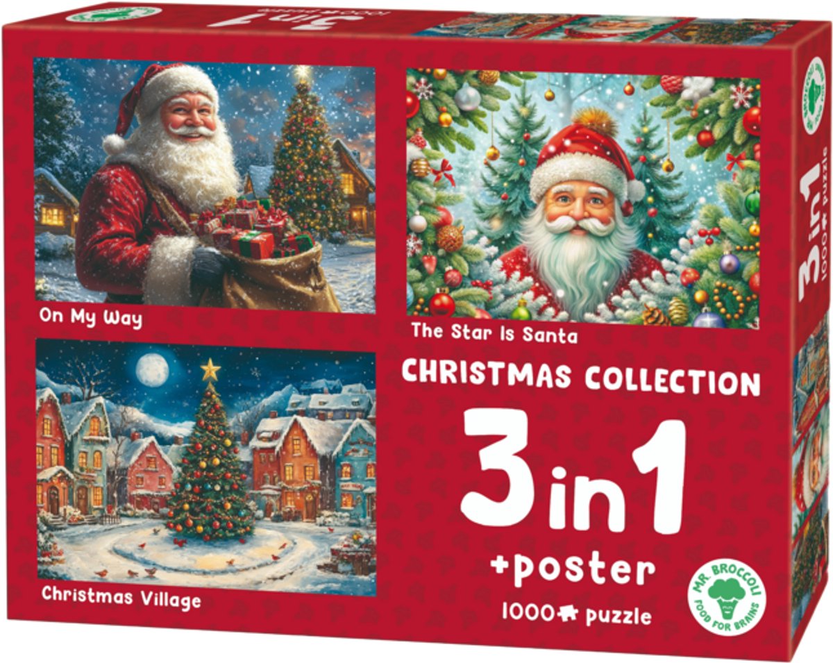 Kerstpuzzel 3 x 1000 Stukjes - Mr. Broccoli 3 in 1 Puzzel Kerstmis - Kerstman en Kerstboom - Inclusief Poster - FSC® - 68 x 48 cm - Legpuzzel Kerst - Kerstpuzzels voor Volwassenen