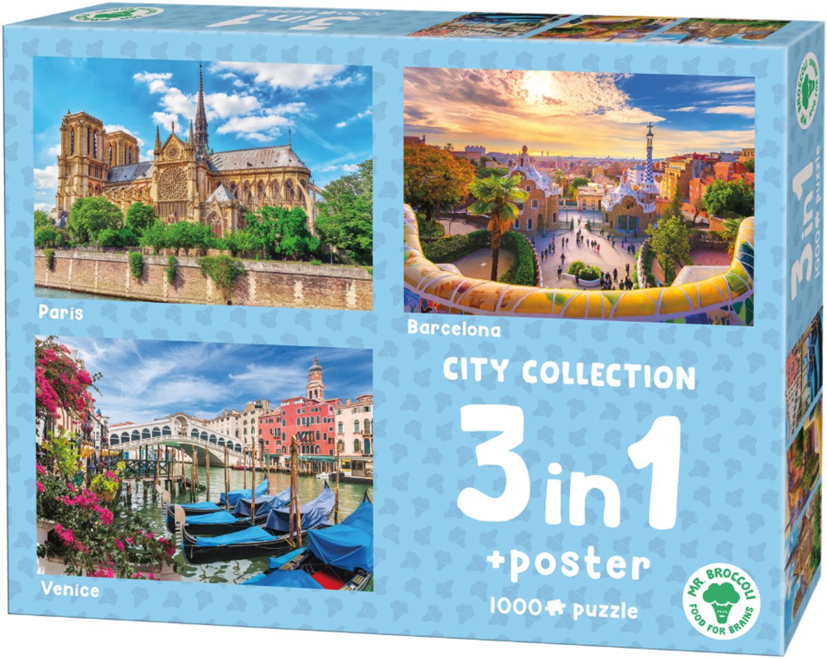 Mr. Broccoli 3 x 1000 Stukjes Puzzel City Collection - 3 in 1 Legpuzzel Steden - Inclusief Poster - FSC® - 68 x 48 cm
