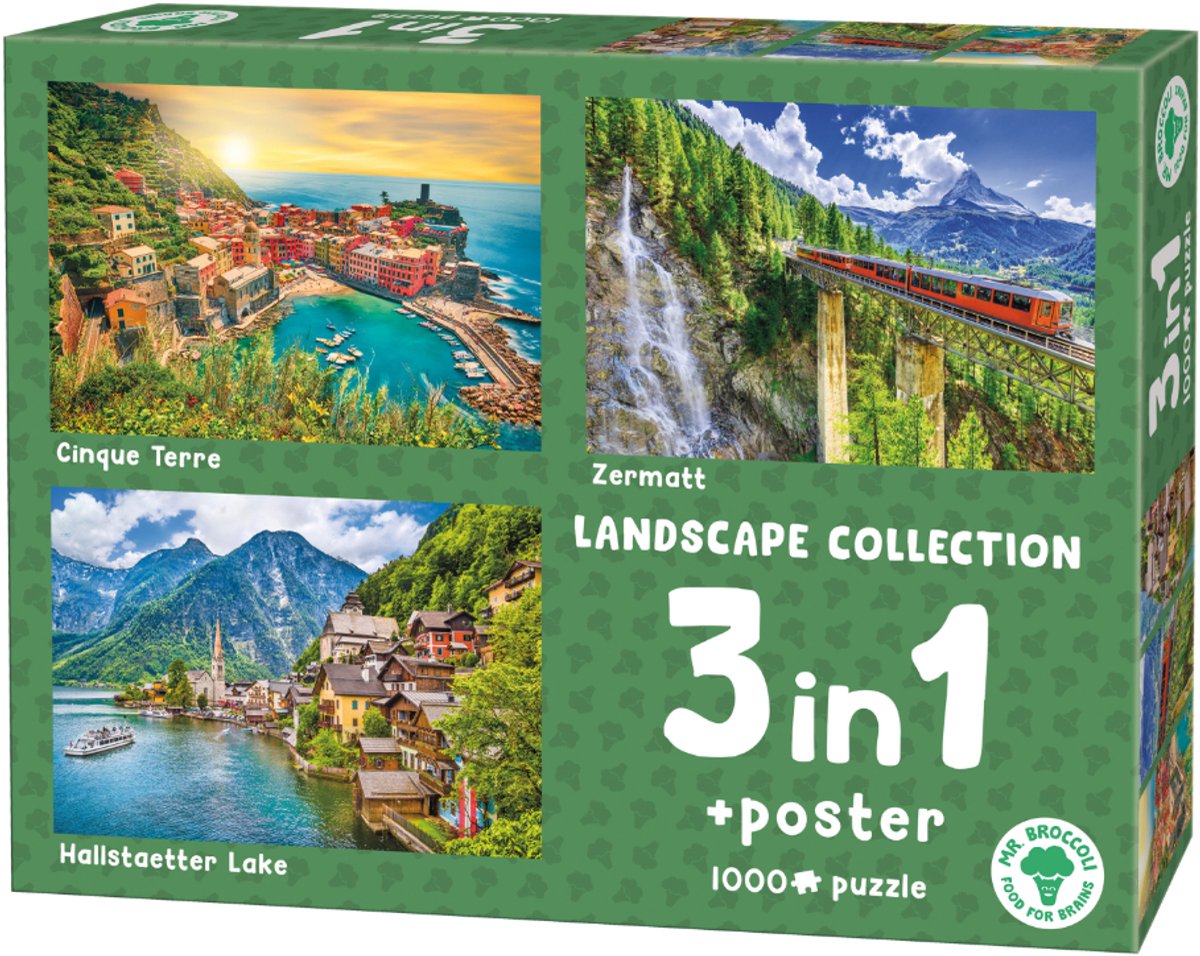 Mr. Broccoli 3 x 1000 Stukjes Puzzel Landscape Collection - 3 in 1 Legpuzzel Landschappen - Inclusief Poster - FSC® - 68 x 48 cm