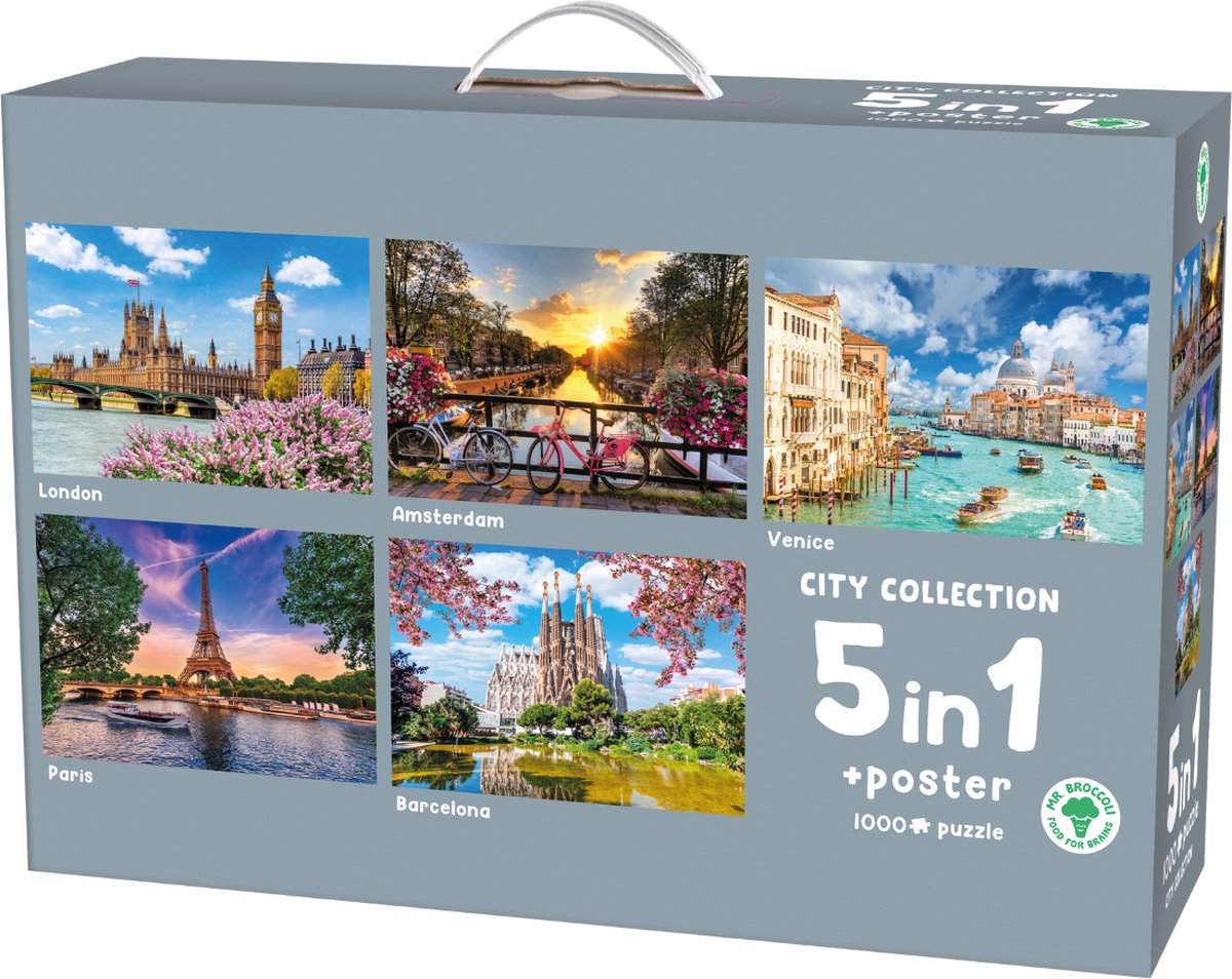 Mr. Broccoli 5 x 1000 Stukjes Puzzel City Collection - 5 in 1 Legpuzzel Steden - Inclusief Poster - FSC® - 68 x 48 cm