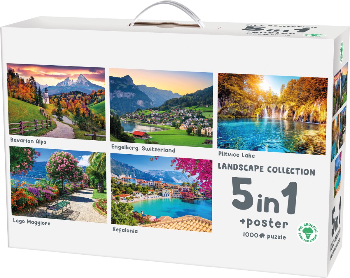 Mr. Broccoli 5 x 1000 Stukjes Puzzel Landscape Collection - 5 in 1 Legpuzzel Landschappen - Inclusief Poster - FSC® - 68 x 48 cm