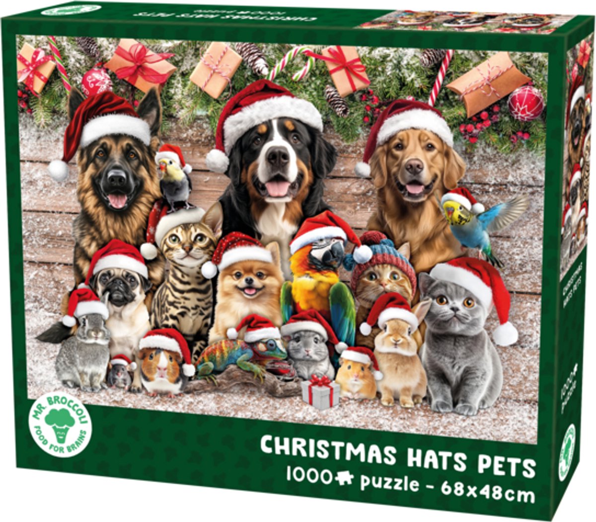 Mr. Broccoli Puzzel 1000 Stukjes Kerstmis Volwassenen - Christmas Hats Pets - Kerstpuzzel met Dieren - FSC® - 68 x 48 cm - Legpuzzel Kerst