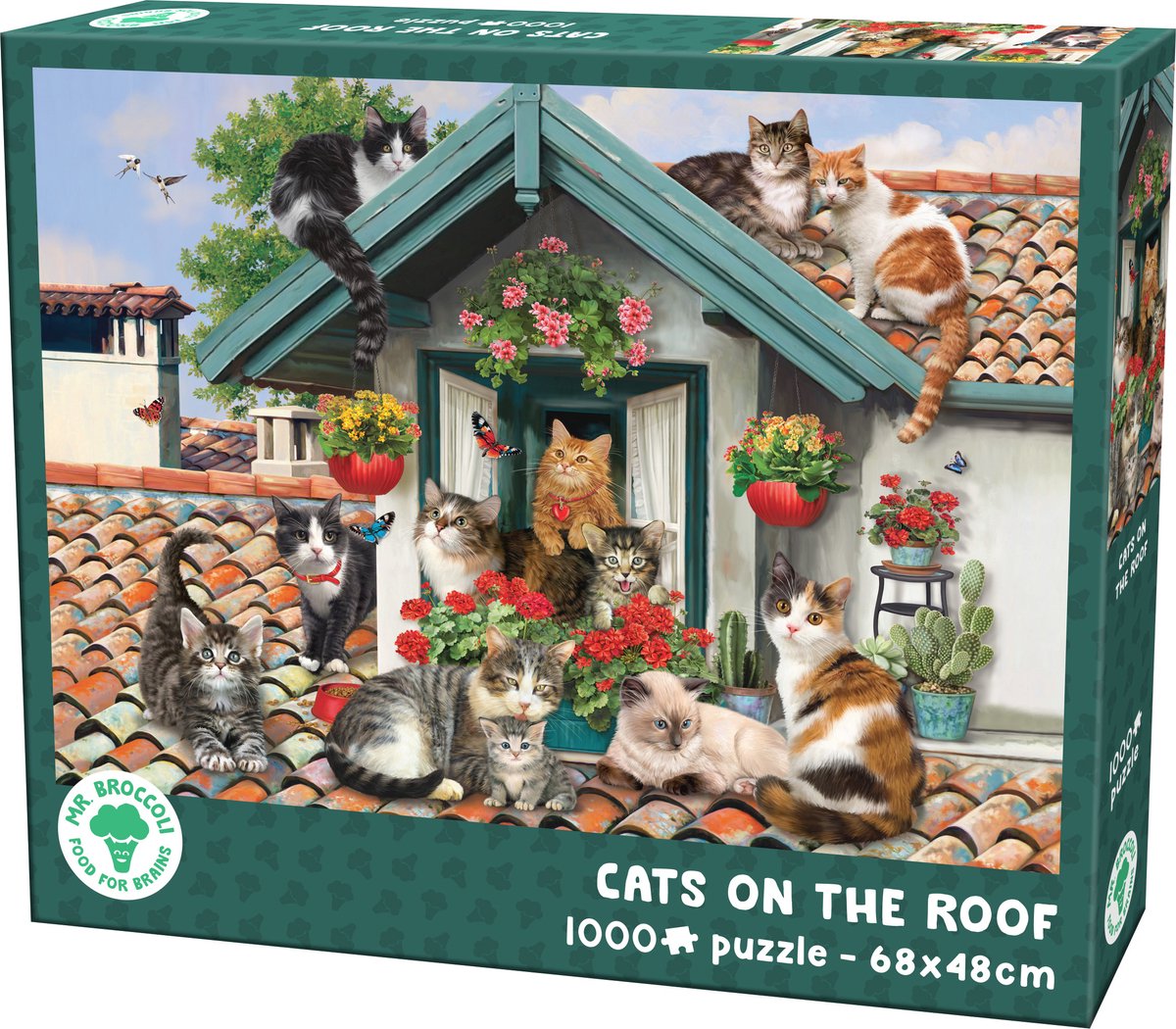 Mr. Broccoli Puzzel 1000 Stukjes Volwassenen - Cats on the Roof - Legpuzzel Katten en Poezen op het Dak - FSC® - Dieren Collectie - 68 x 48 cm