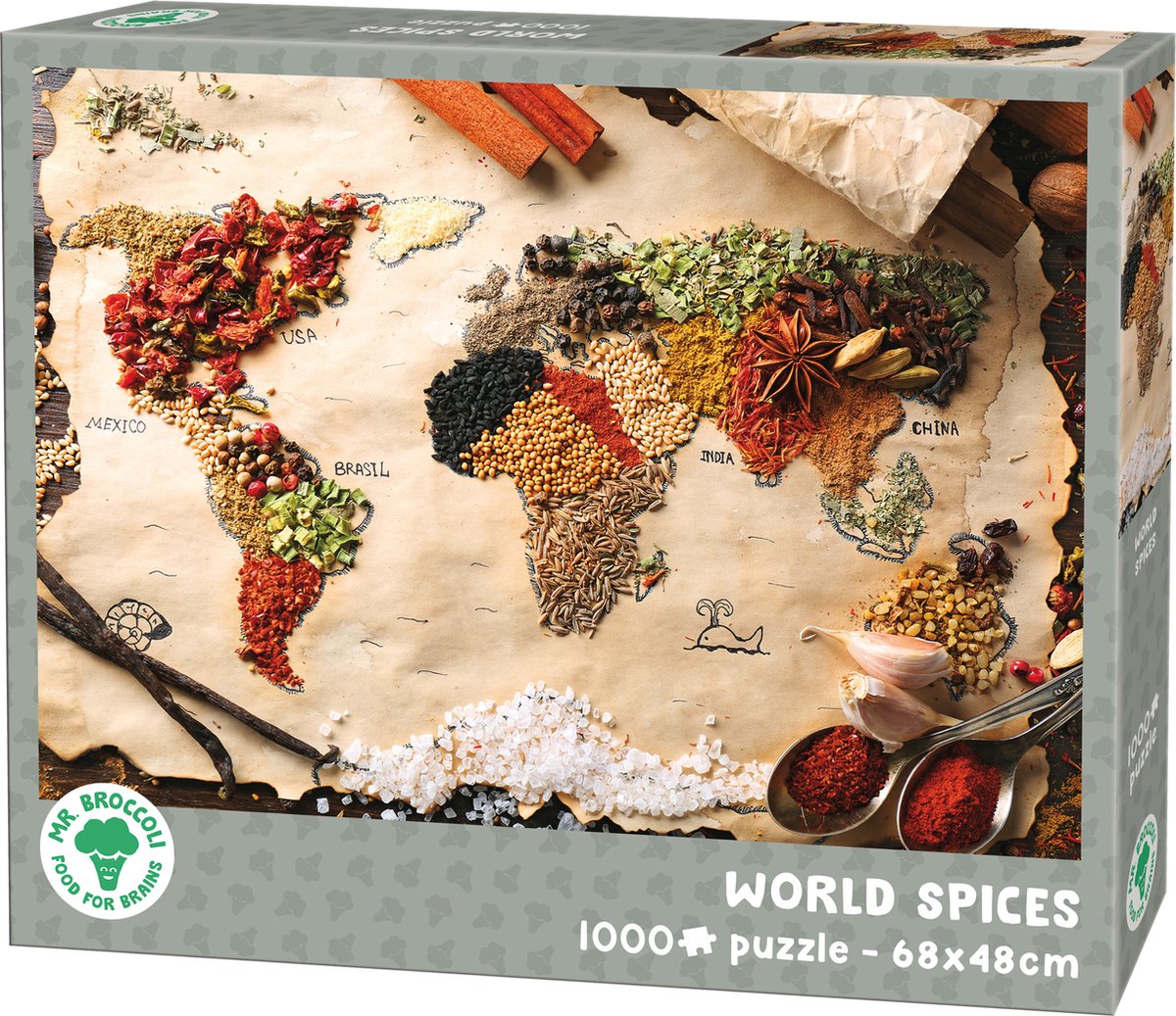 Mr. Broccoli Puzzel 1000 Stukjes Volwassenen - World Spices - Legpuzzel Wereldkaart met Kruiden - FSC® - 68 x 48 cm