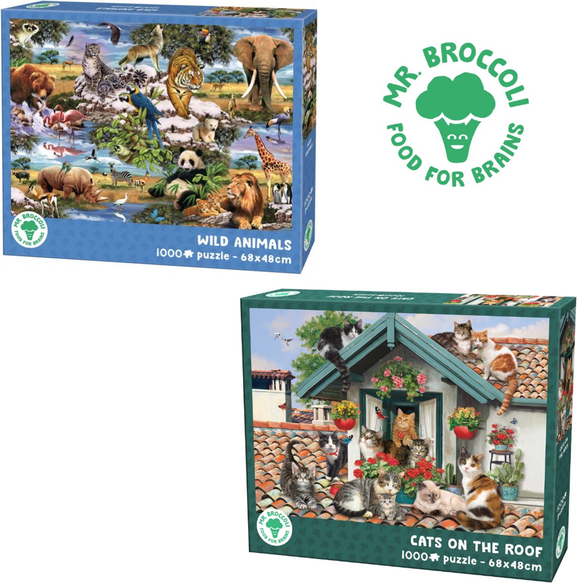 Mr. Broccoli Twin Pack Animals - 2 x Puzzel 1000 Stukjes Volwassenen - Cats on the Roof en Wild Animals - Legpuzzel Dieren - FSC® - 68 x 48 cm