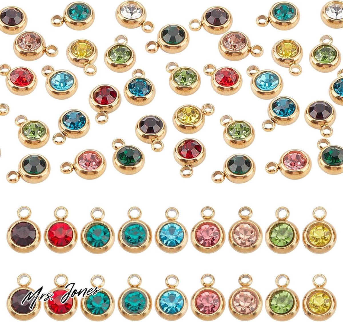 Mrs. Jones 24 stuks 12 kleuren strass bedels platte ronde geboortesteen hangers met vacuüm plating roestvrij staal vinden 15 mm gat bengelen bedels voor doe-het-zelf armbanden kettingen. .