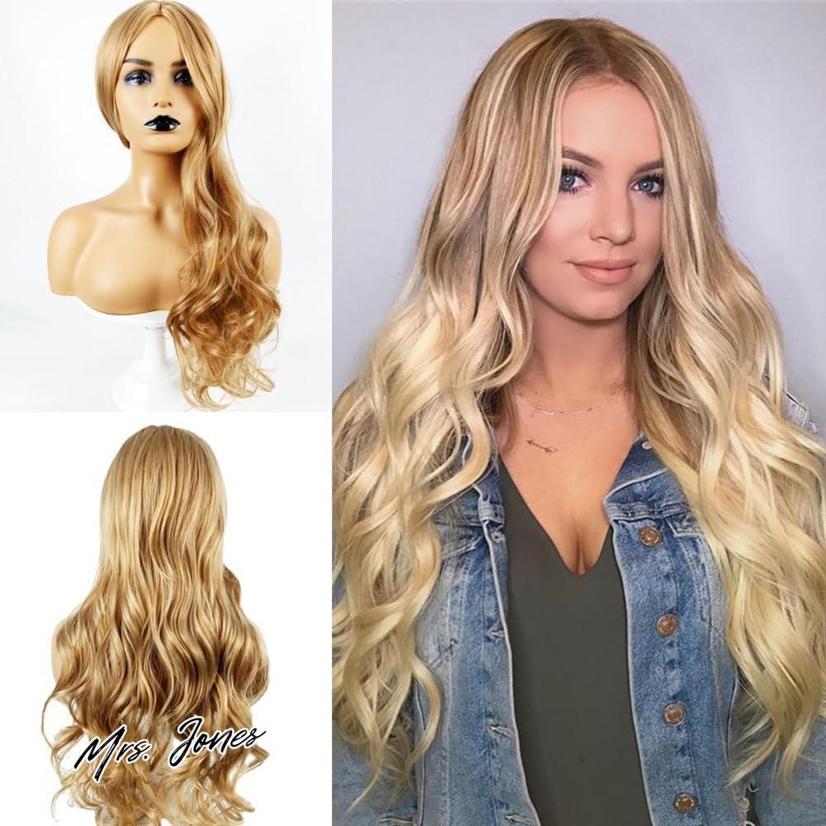 Mrs. Jones Blonde lange golvende pruik 65 cm lange krullende golvende pruik voor vrouwen Halloween cosplay kostuum .