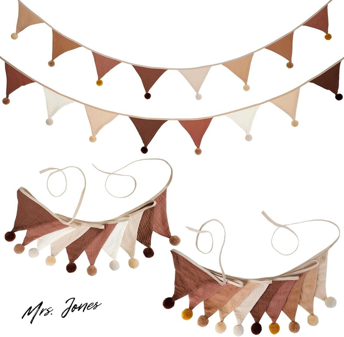 Mrs. Jones Collection Kleurrijke vlaggetjesslinger - 2 stuks - 26 meter - Stoffen ketting - Bonte slinger - Feestdecoratie - Bruin .