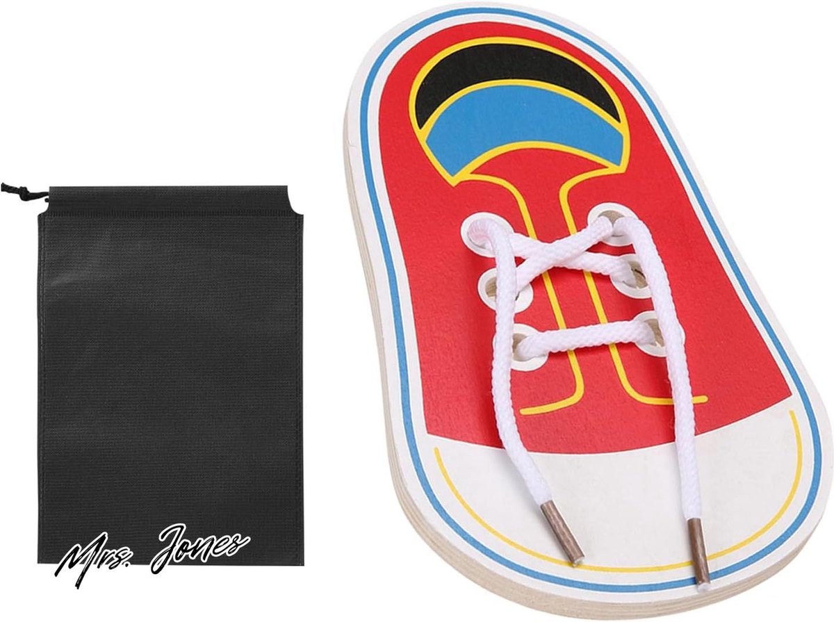 Mrs. Jones MEMOFYND 1 x houten veter-oefenplank - 1 opbergtas veteroefenplank educatief speelgoed - vroege educatief gereedschap .