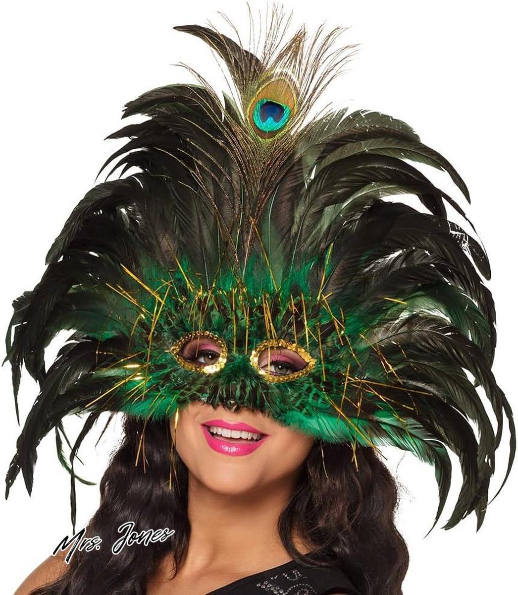 Mrs. Jones Oogmasker Peacock Queen pauwenkoningin pailletten veren lametta carnaval themafeest gemaskerd bal groen zwart .