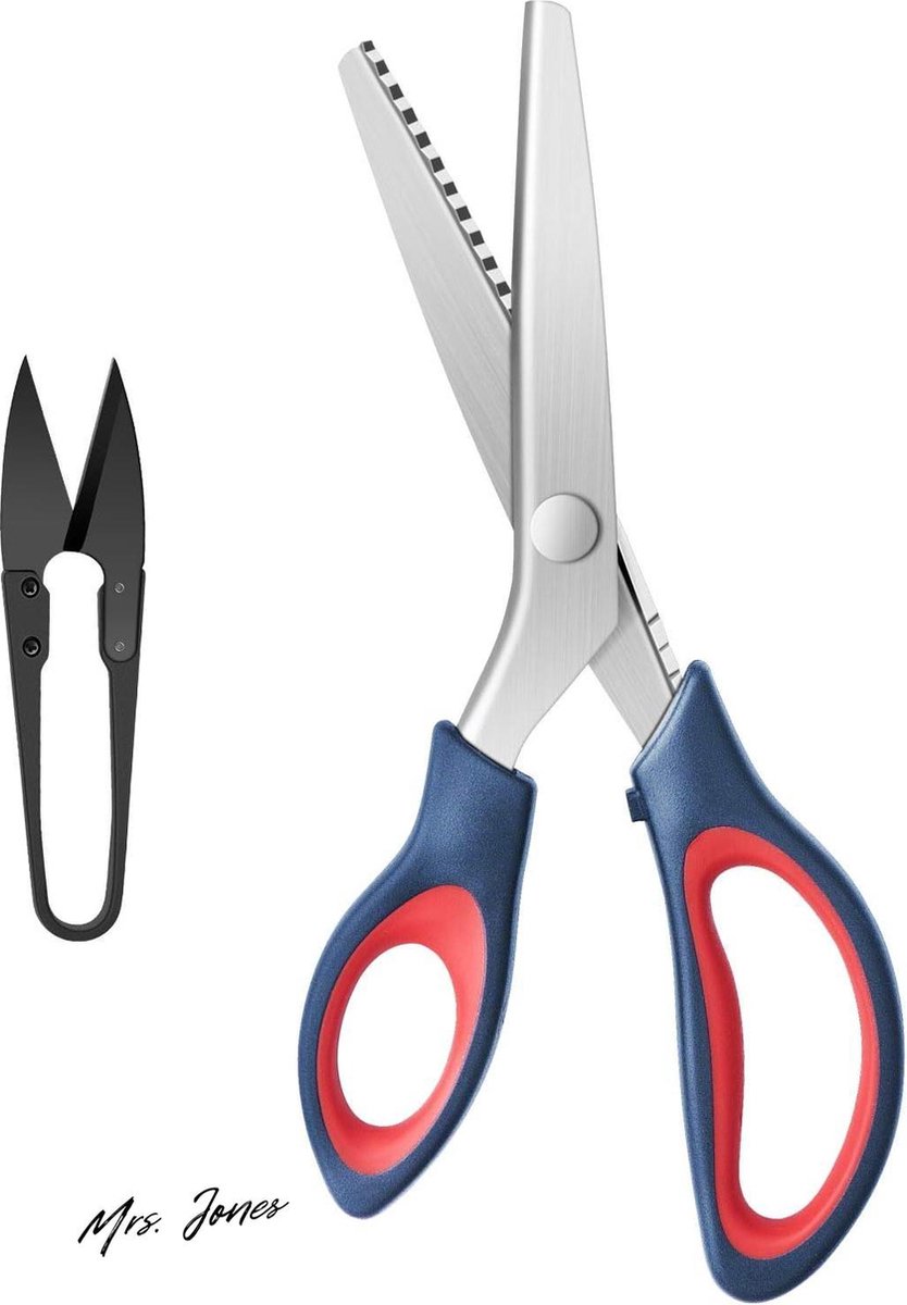 Mrs. Jones Pinking schaar - zigzag schaarset voor professioneel stofknippen - geschikt voor kleermaker - 239 cm Pinking Shears en 104 cm draadsnijder - donkerblauw rood .