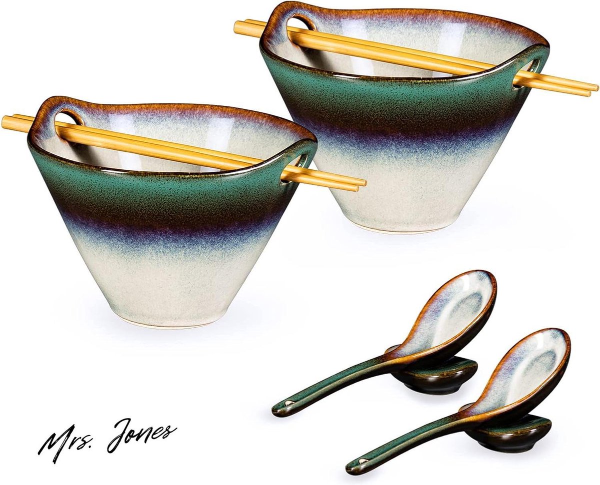 Mrs. Jones Premium Collection Ramenkommen set van 2 - Keramisch - 600 ml - Groen - Inclusief eetstokjes .