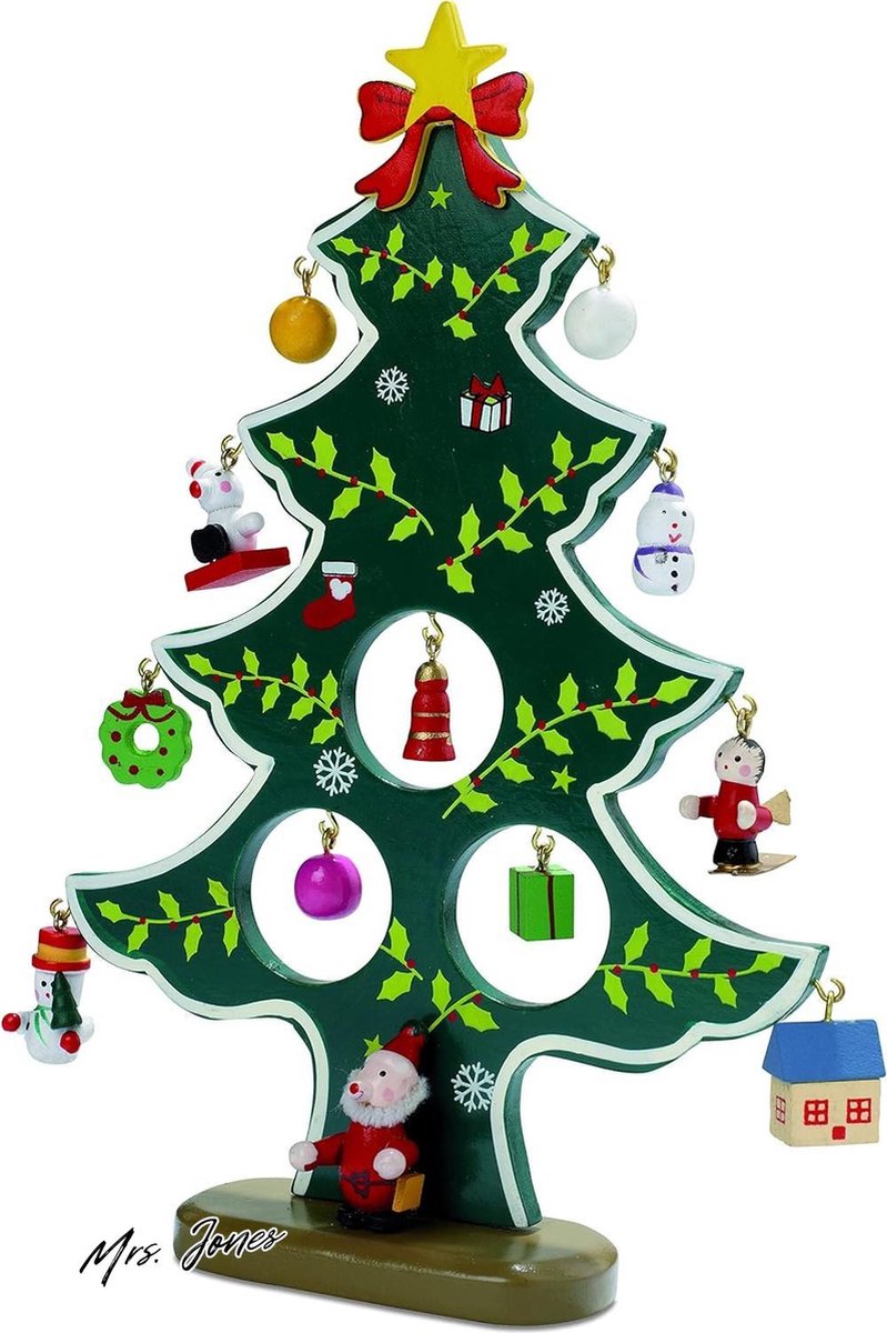 Mrs. Jones Premium Handbeschilderde houten kerstboom - 12 hangers - Kerstdecoratie