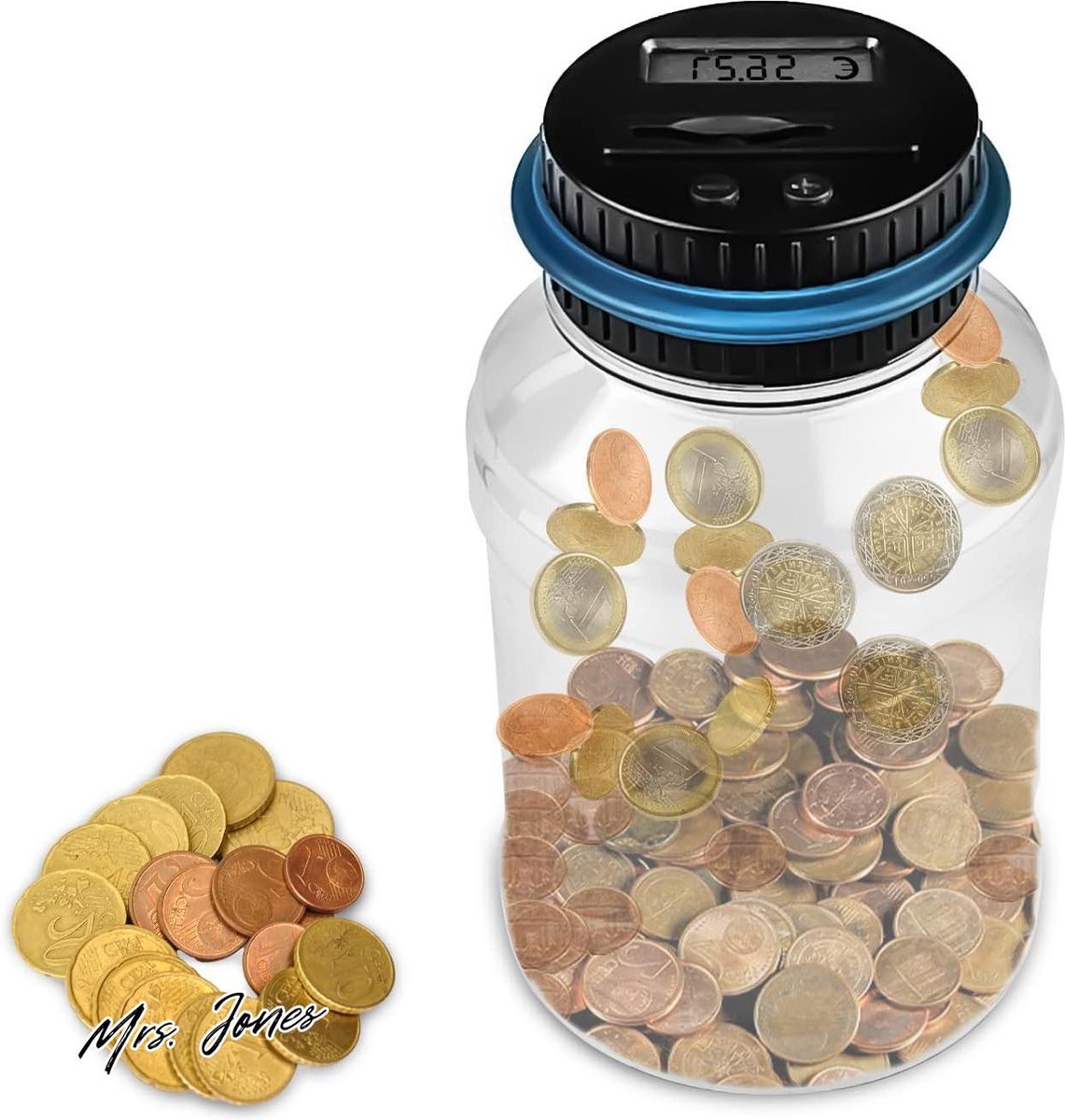 Mrs. Jones Royal Selection Digitale spaarpot - Teller - 18 liter - LCD-display - Eurogeld besparen - Transparant - Muntenbank .