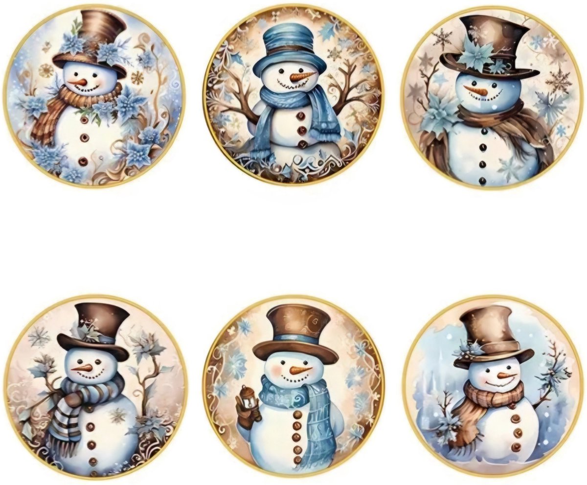 Kerst stickers rond SNEEUWPOPPEN ● 50 stuks ● MULTIPLAZA- 6 soorten - promoten bedrijf - groet - bedankje - Webshop - pakket - post - kado