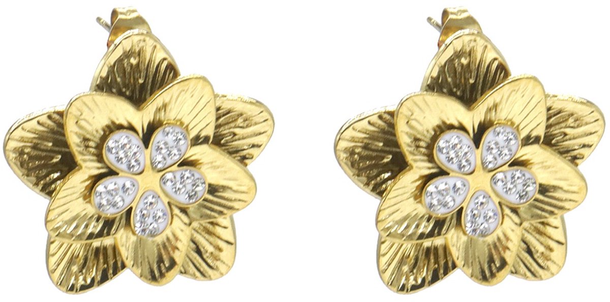 Oorbellen bloemvorm - RVS - goudkleurig - 2,5 cm - dames