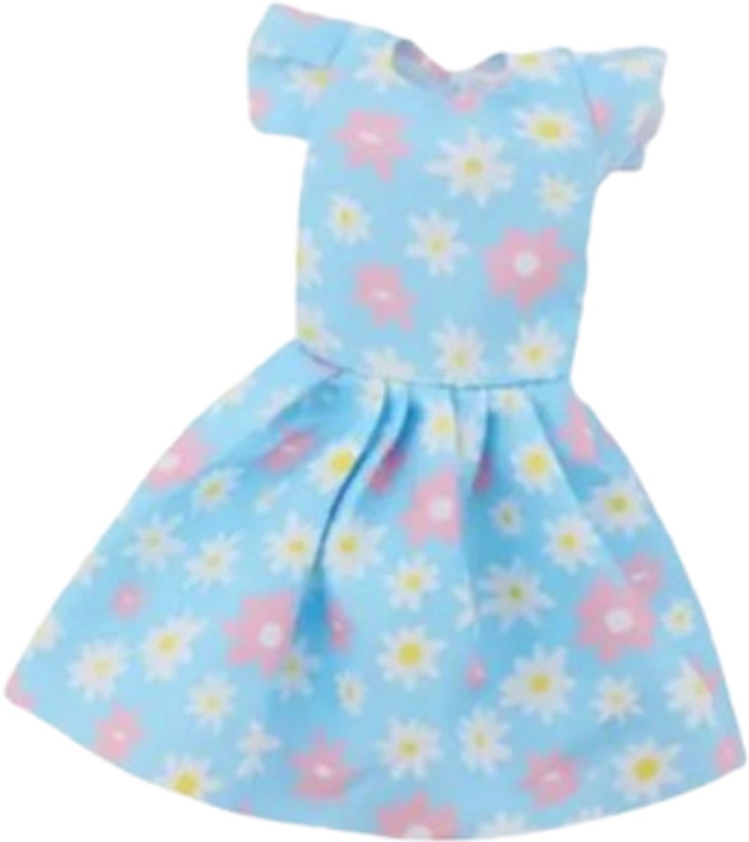 Modepop jurk bloemetjes blauw - bloemetjesjurk voor modepop - modepoppenkleding - ook geschikt voor barbie pop