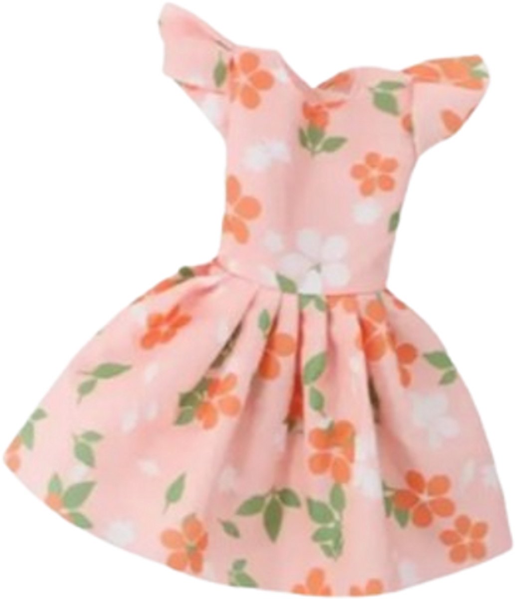Modepop jurk bloemetjes oranje - bloemetjesjurk voor modepop - modepoppenkleding - ook geschikt voor barbie pop