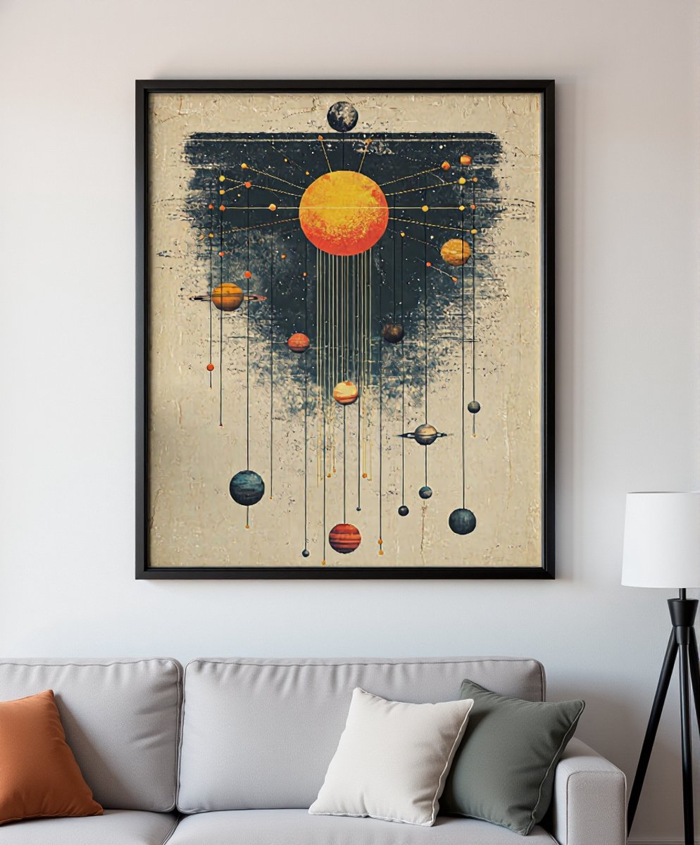 Wanddecoratie Zonnestelsel - Schilderij van Planeten in Vintage Stijl op Canvas - Retro Ruimte Kunst voor Woonkamer, Slaapkamer of Kantoor