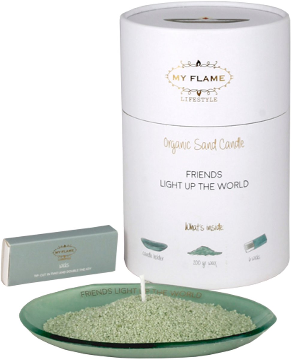 MY FLAME - Kaarsenzand giftbox - FRIENDS LIGHT UP THE WORLD - inclusief schaaltje met quote, 200g wax en 6 lonten - groen