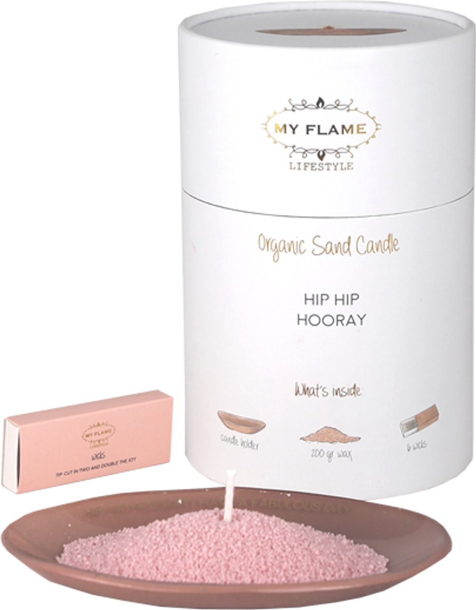 MY FLAME - Kaarsenzand giftbox - HIP HIP HOORAY - inclusief schaaltje met quote, 200g wax en 6 lonten - Roze