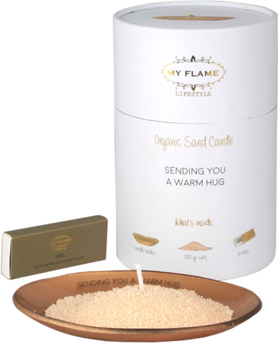 MY FLAME - Kaarsenzand giftbox - SENDING YOU A WARM HUG - inclusief schaaltje met quote, 200g wax en 6 lonten - Goud