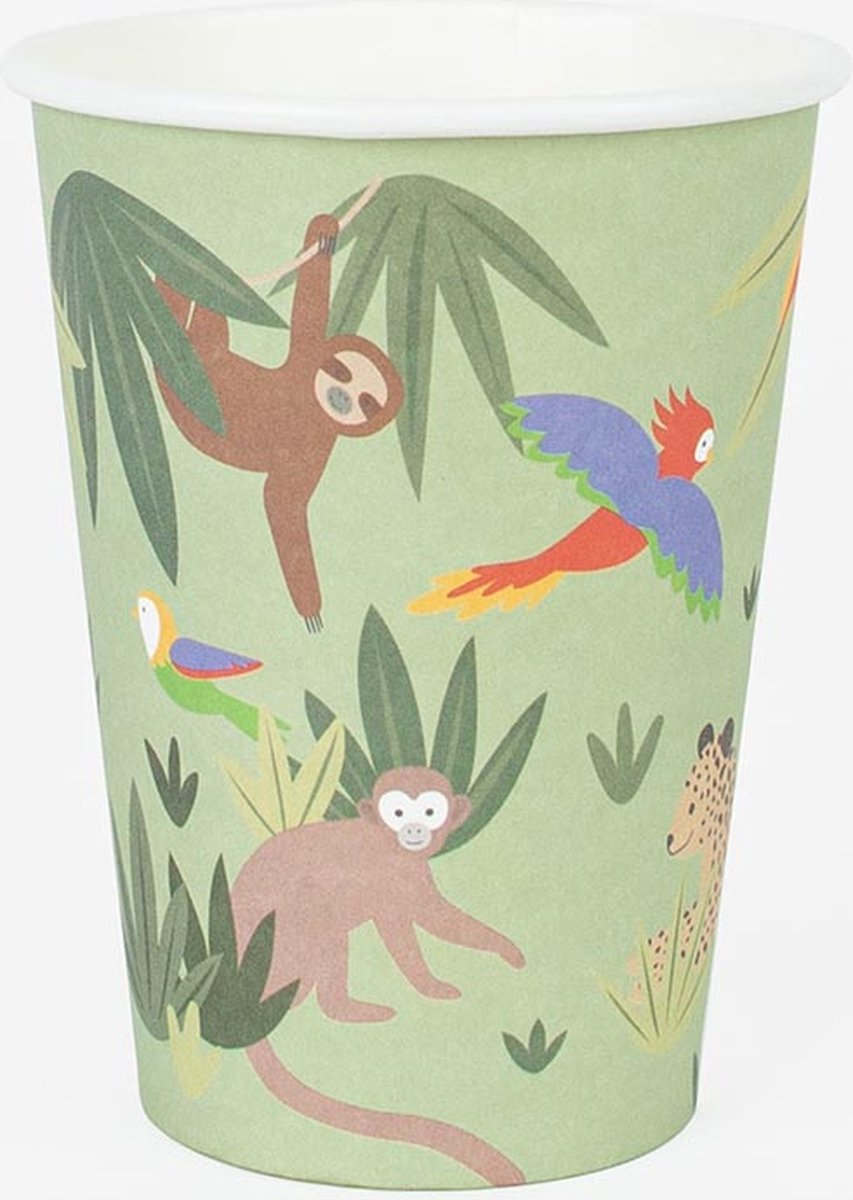 Papieren bekertjes tropical - 205 ml 8 stuks - jungle - themafeest - kinderfeest - aap - papegaai