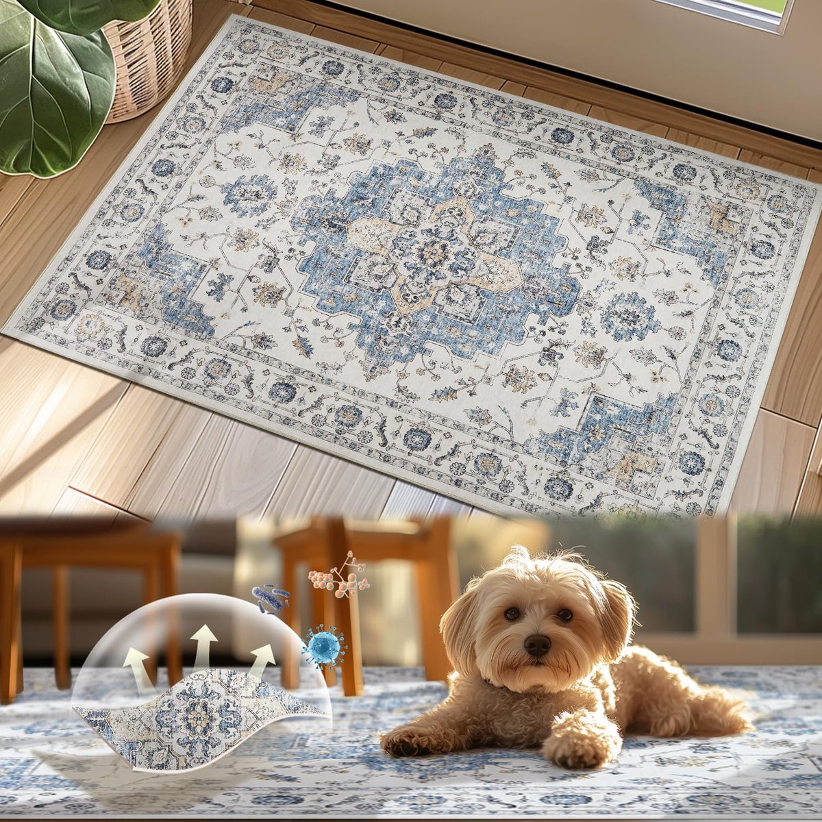 My Ninki ® Charmant Laagpolig Tapijt met Botanisch Ontwerp voor Slaapkamer en Woonkamer, Antislip en Wasbaar