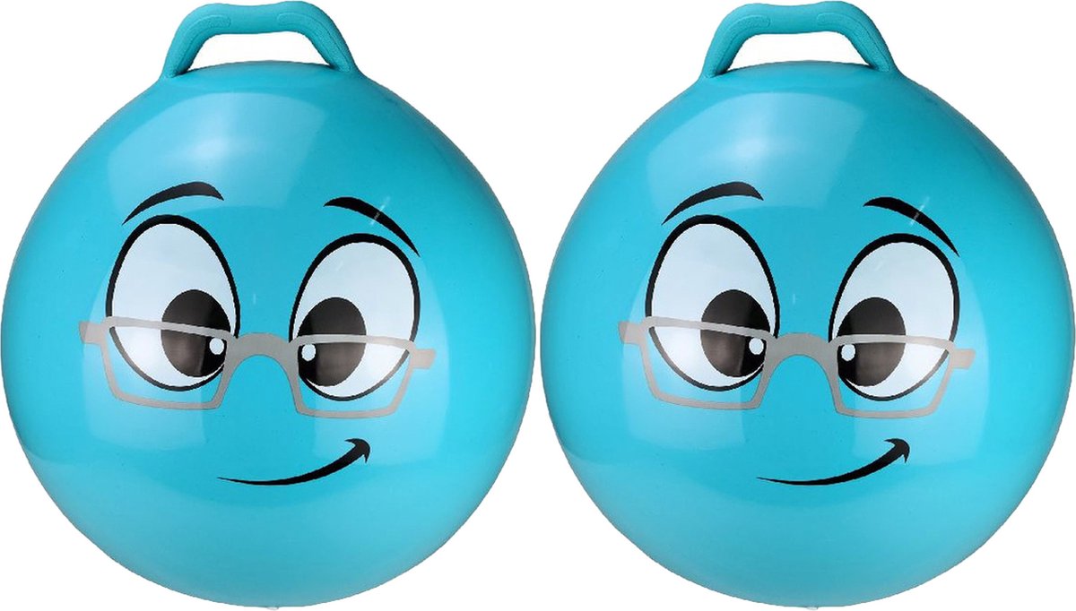 2x stuks skippybal smiley voor kinderen blauw 55 cm - Zomer buiten speelgoed