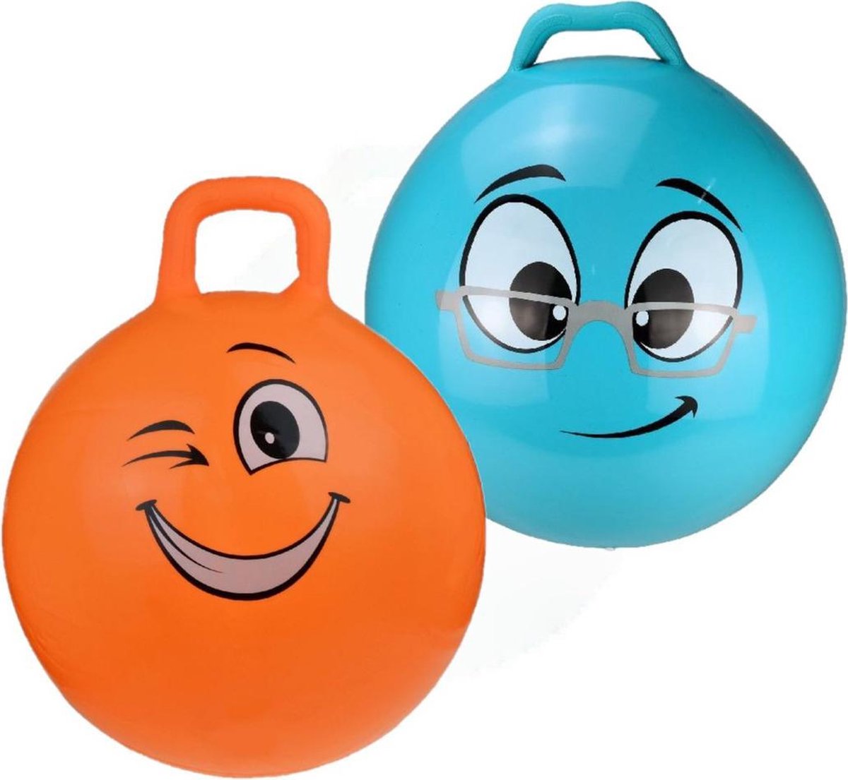 2x stuks skippyballen smiley voor kinderen oranje en blauw 45 cm - Zomer buiten speelgoed