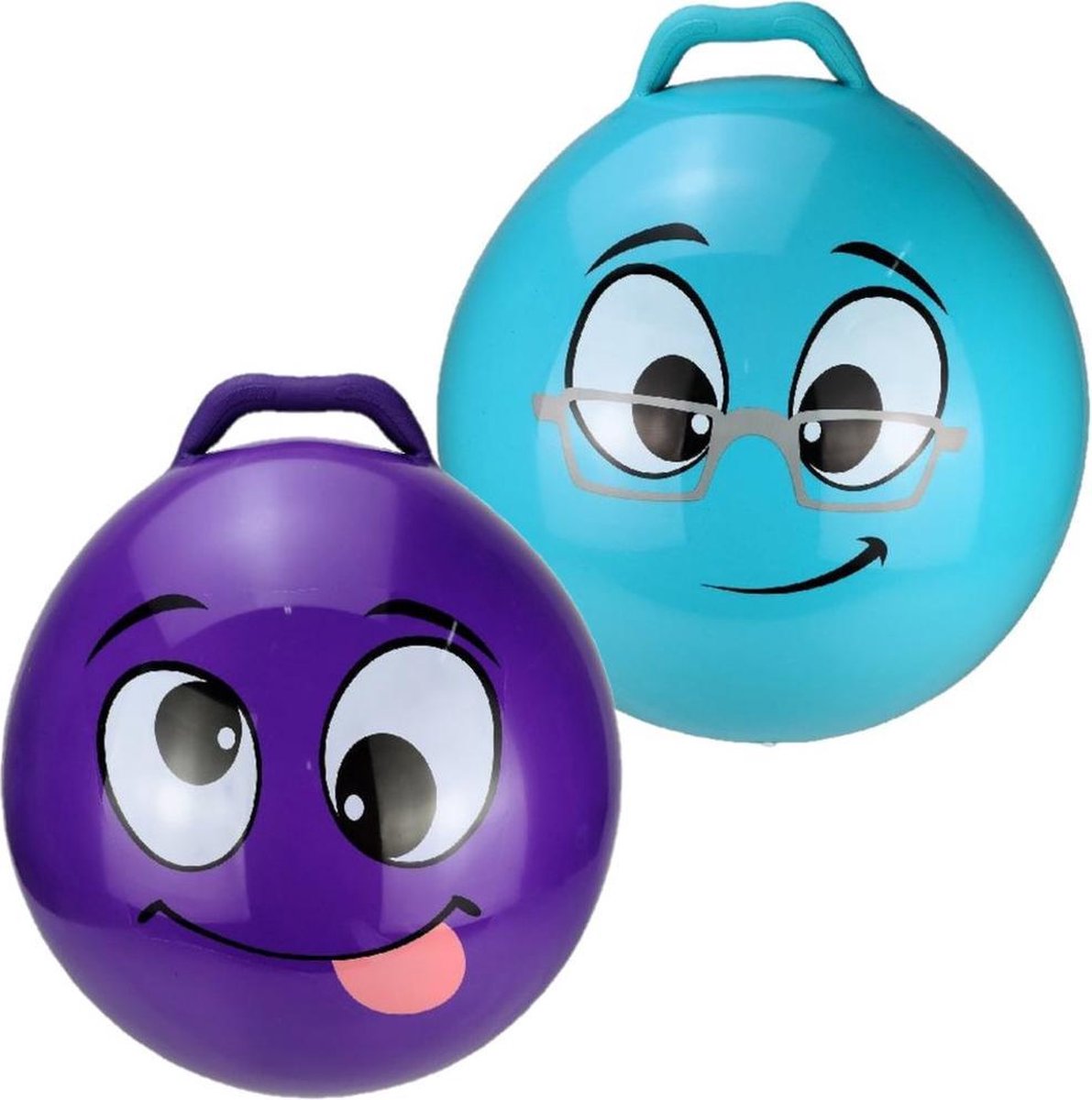 2x stuks skippyballen smiley voor kinderen paars en blauw 45 cm - Zomer buiten speelgoed