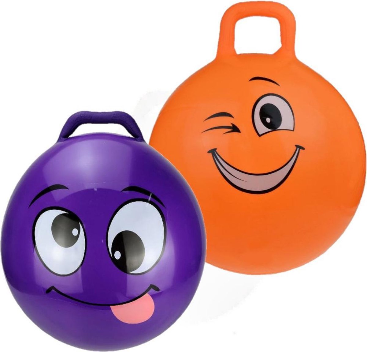 2x stuks skippyballen smiley voor kinderen paars en oranje 45 cm - Zomer buiten speelgoed