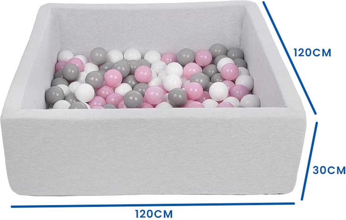 Ballenbak Vierkant Grijs - 120x120x40 cm - Incl. 600 Wit, Roze en Grijze Ballen