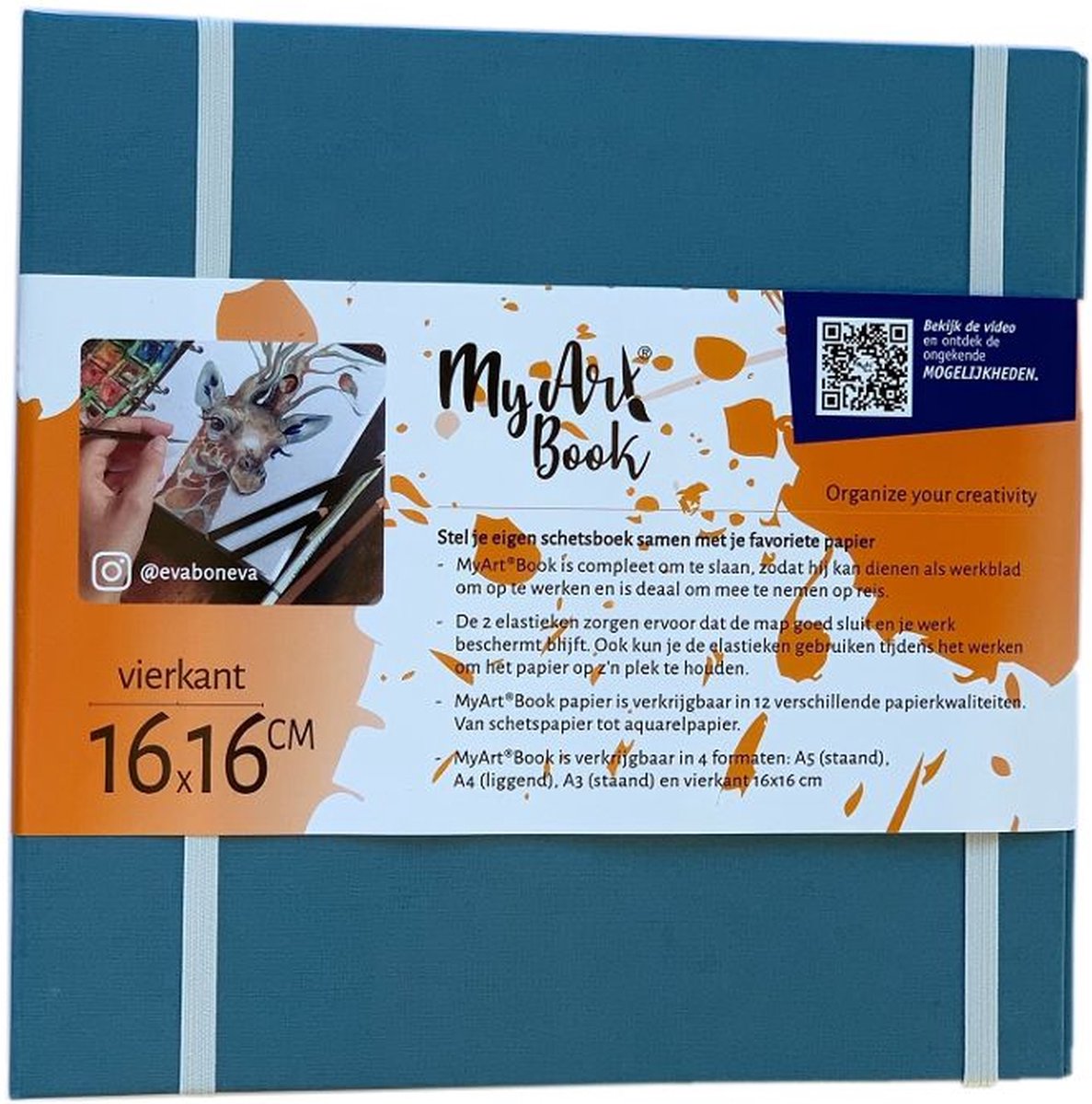 MyArt®Book Vierkanten 160x160 mm 16,0x16,0 cm Kunstenaarsmap ringband Blauw met 1x 6 rings O-Mechaniek en 2 elastieken