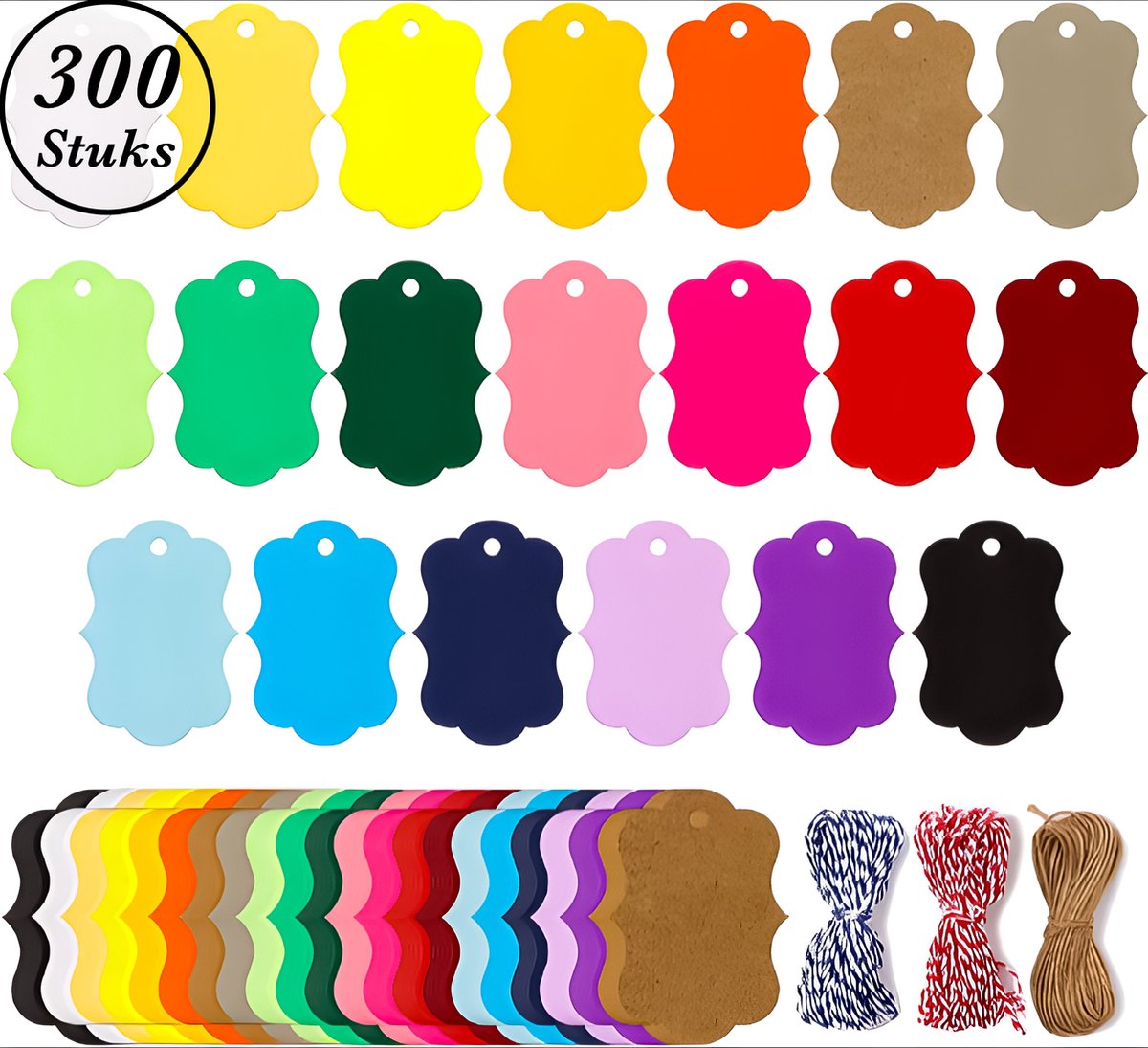 300x Stuks Kraft Karton Labels - 20 Kleuren - met 3 Verschillende Jute Touw - Kartonnen Cadeaulabels met Gaatje en Koord - Bruine, Zwarte & Witte... Etiketten - Kraftpapier Naamkaartjes - Blanco PrijskaartjesPrijslabels met Koortje - 7x5cm