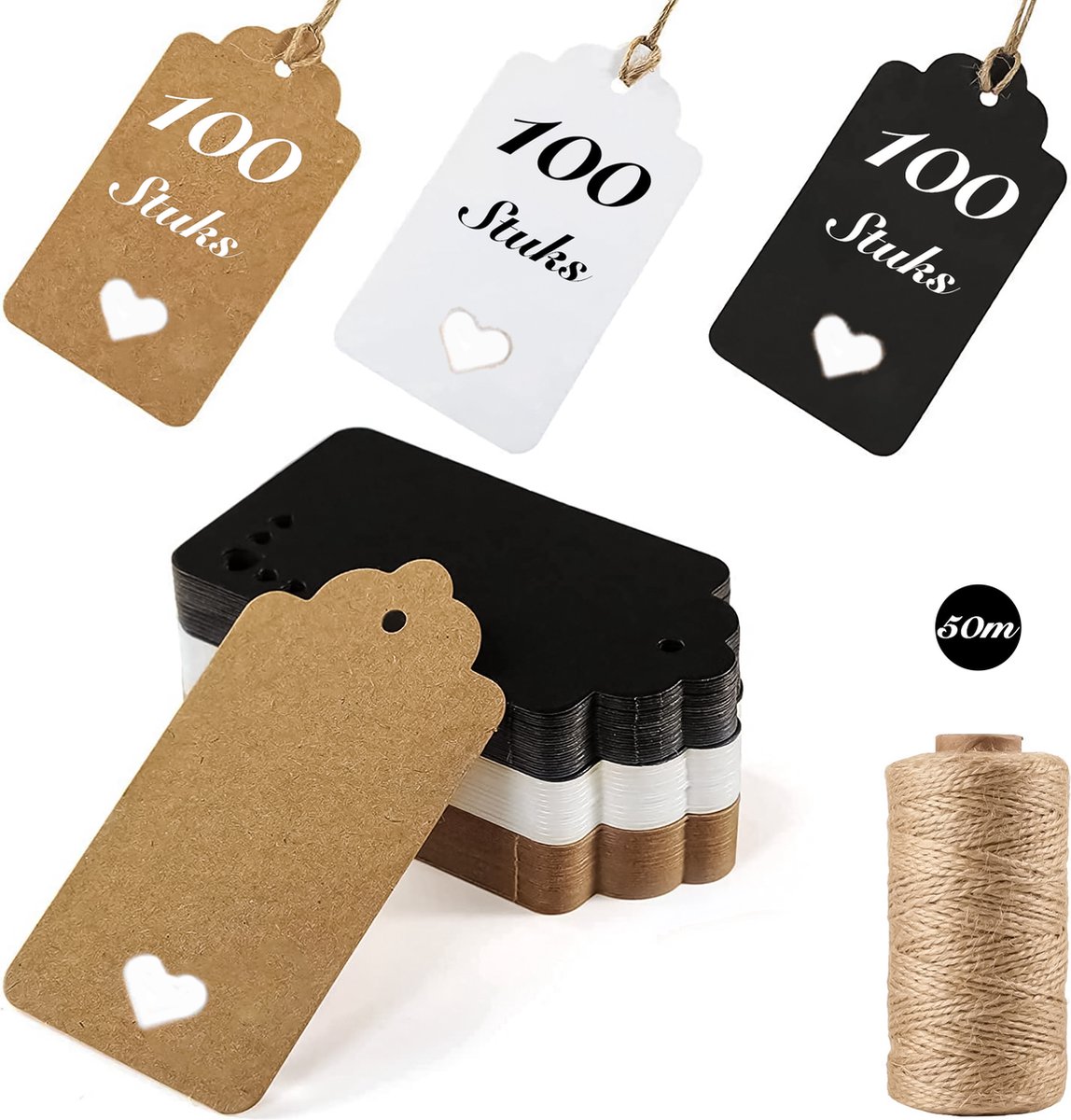 300x Stuks Kraft Karton Labels met 50m Jute Touw - Hart Kartonnen Cadeaulabels met Gaatje en Koord - Bruine, Zwarte & Witte Etiketten - Kraftpapier Naamkaartjes - Blanco PrijskaartjesPrijslabels met Koortje - 9x4cm