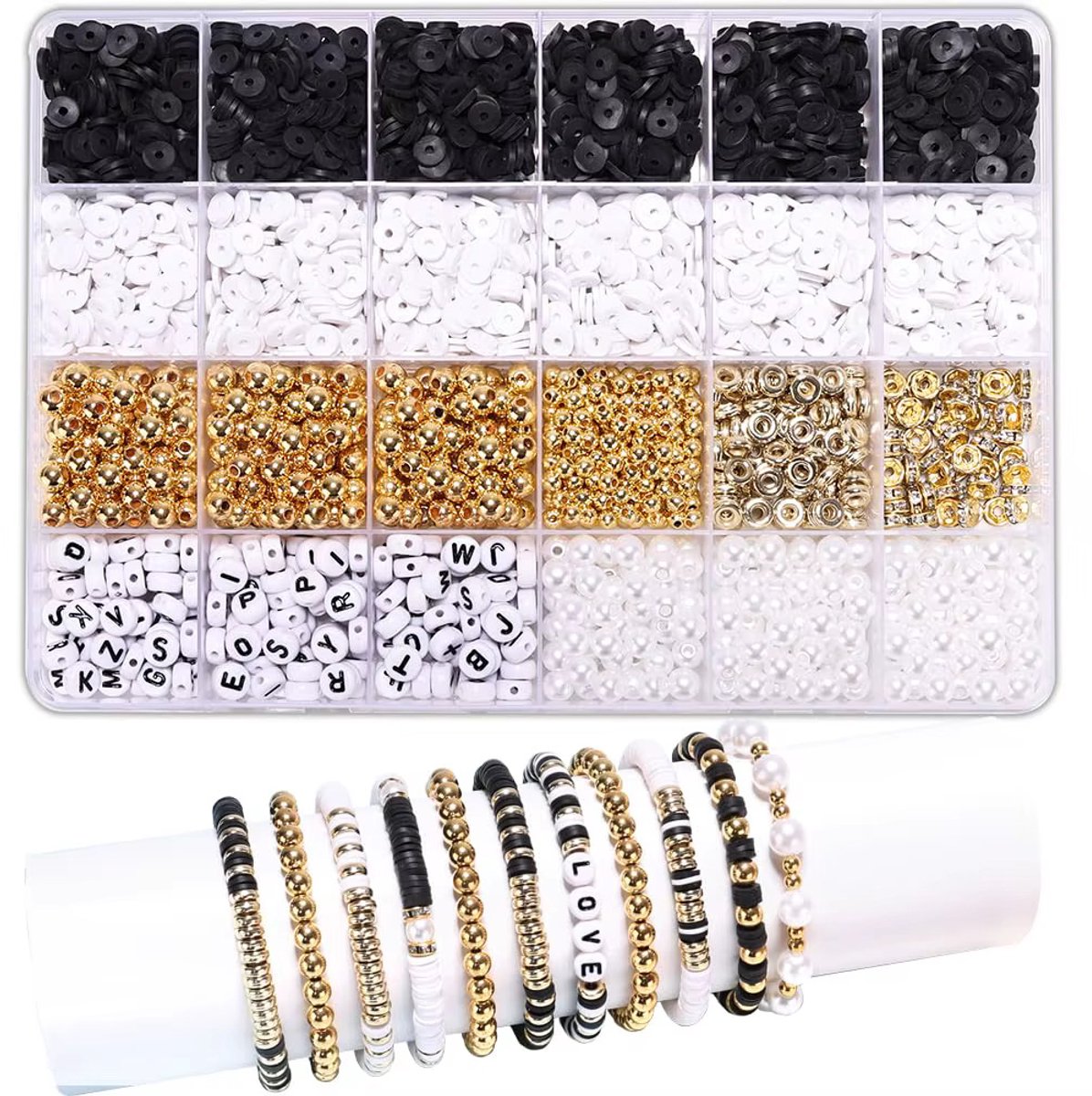Sieraden Maken Set - Hobby kralen set - 2340 stuks - Armband Maken Zwart, Wit, Goud – Polymer Clay Beads Sieraden Kit met Gouden (Letter)kralen - Inclusief draad - DIY Kralenset voor Eigen Armbandjes