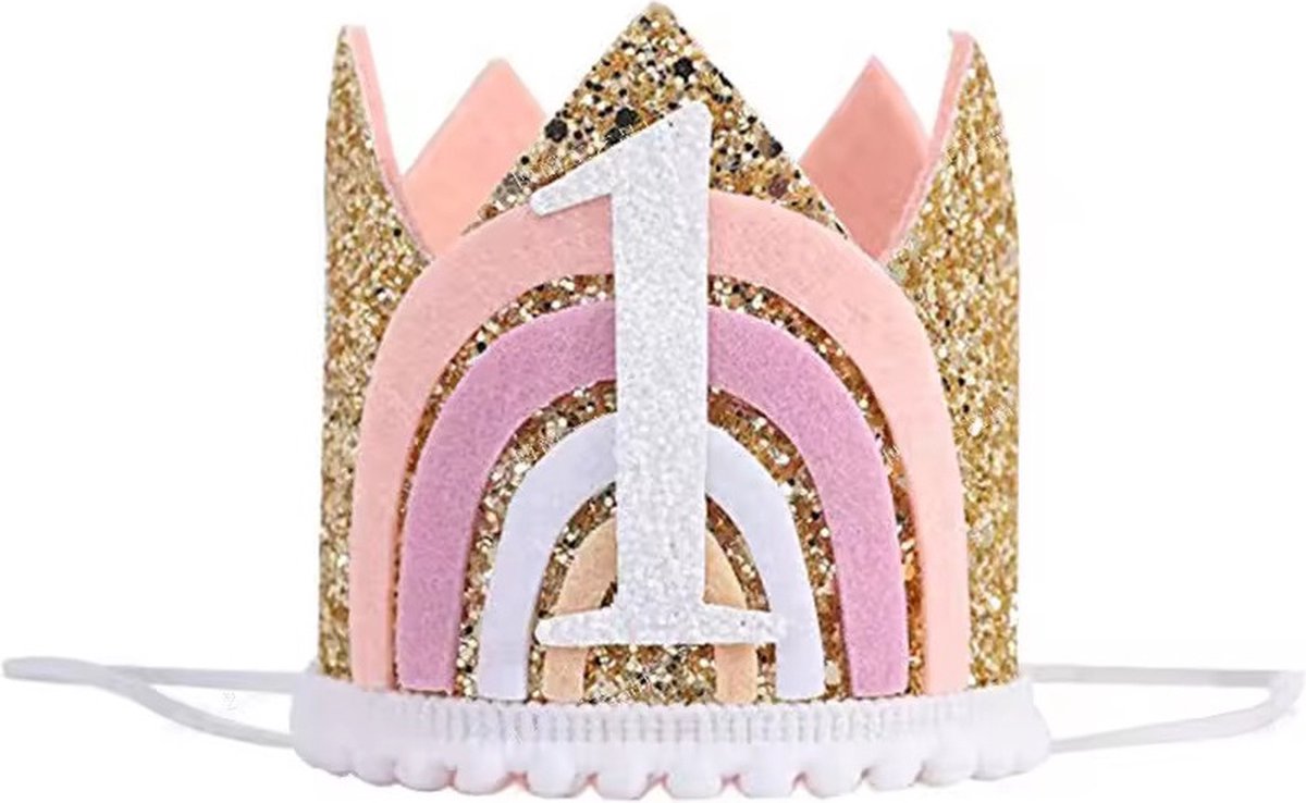 Verjaardagskroon 1 jaar - 1 jaar versiering hoedje - Baby Meisje Eerste Verjaardag - Rosé goud- Glitters - Feesthoedje