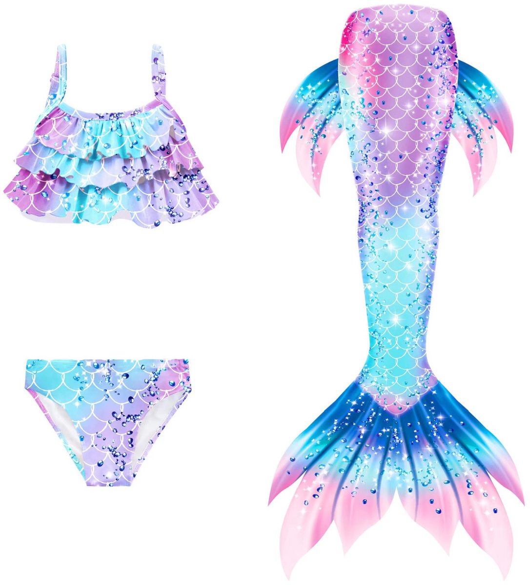 Zeemeerminnenstaart met Bikini Set - Paars Blauw Roze - 5-6 jaar