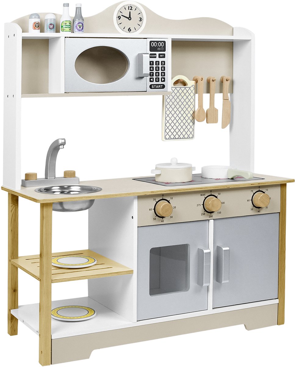NAIZY Kinderkeuken Houten Fornuis Dinettes om te spelen 85x65x24cm Chef Rollenspel met Accessoires zoals Magnetron, Oven, Spoelbak, Kookgerei en Kruiden DIY Speelgoedkeuken